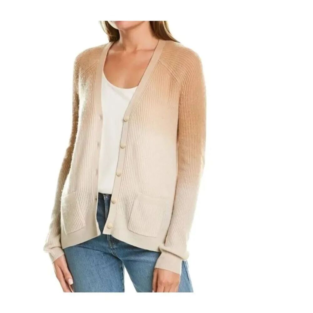 Naadam 100% Cashmere V Neck Cardigan Cream Brown Ombre XS